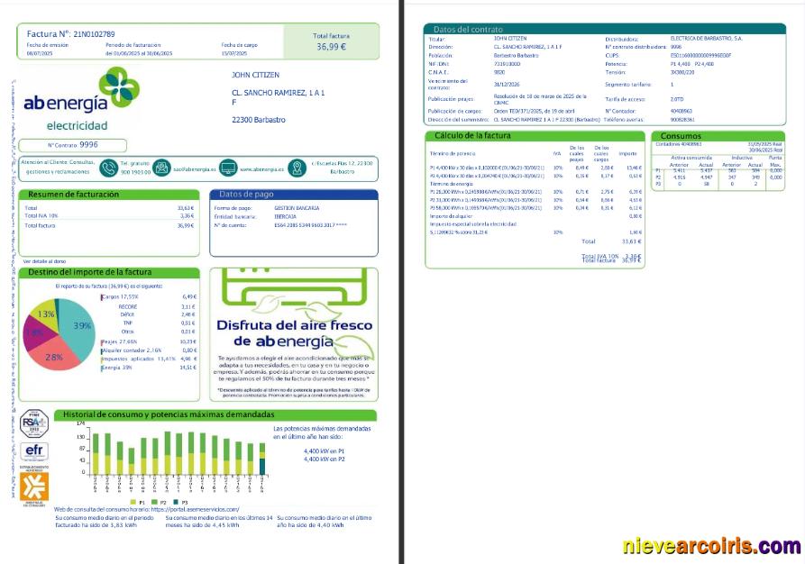 Spain Abenergía utility bill, 1-2 pages